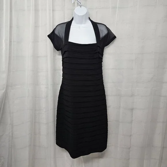 Maggy London Black Sheer Mesh Pleated Cocktail Dress Party Bodycon 8 - Picture 1 of 12